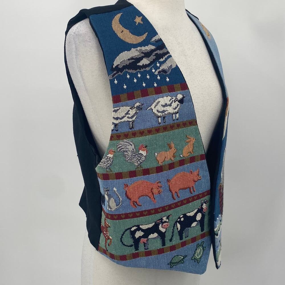 Vintage Noahs Ark Needlepoint Embroidered Animals Vest Open Front Blue Womens L - Picture 3 of 7